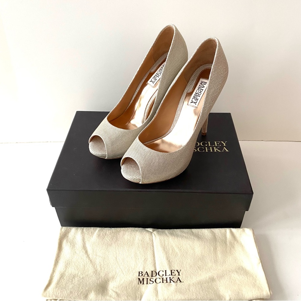 Badgley Mischka Drama Platform Peep Toe Pump in Platino Metallic Mesh
